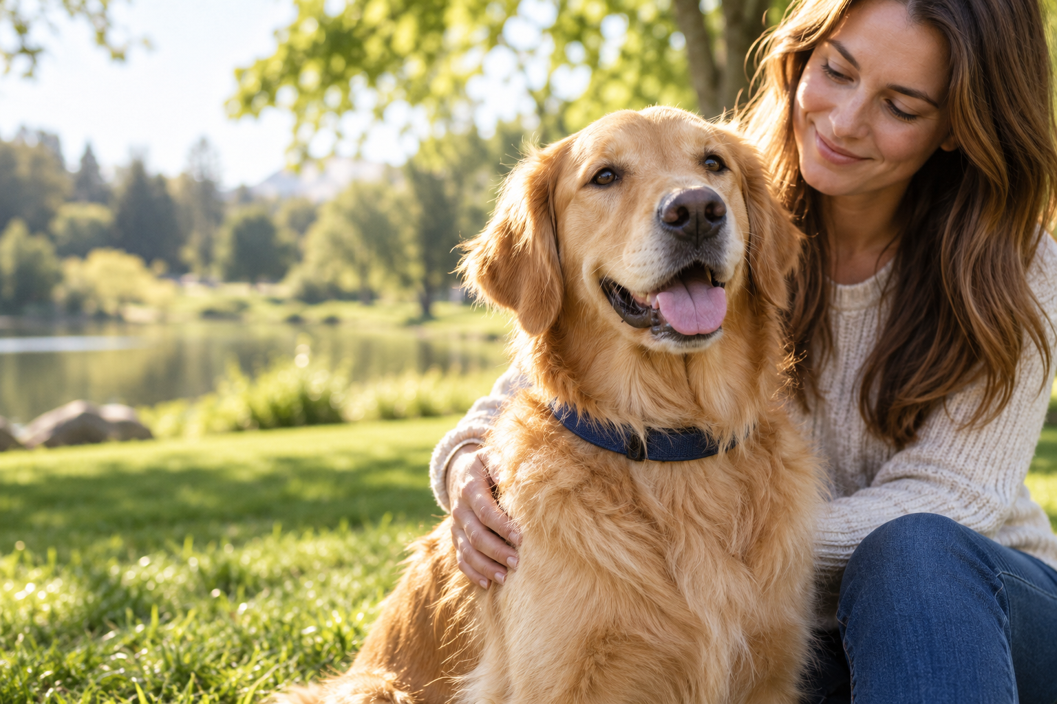 Golden retriever con la sua tutrice durante una passeggiata tranquilla al parco